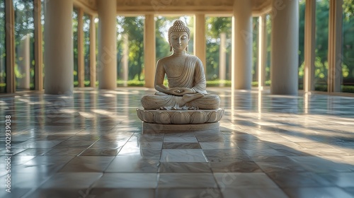 A tranquil Buddha statue meditating peacefully in a serene hall surrounded by soft sunlight and natural greenery photo