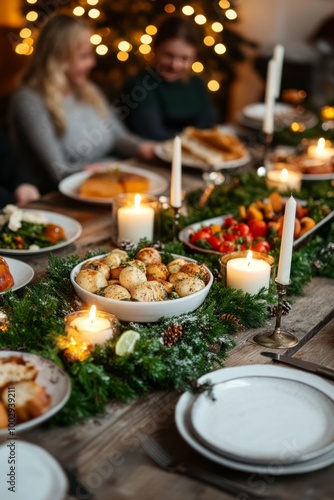 A festive dining table adorned with food, candles, and holiday decorations.