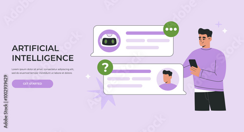 Artificial Intelligent chatbot concept, man and AI robot assistant chatting via phone, virtual dialog between android and human, asking business questions. Flat vector illustration for website, banner