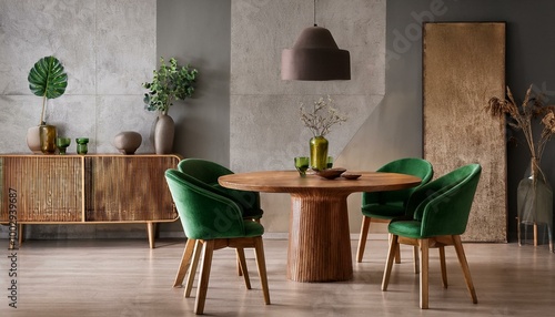 Simple yet elegant dining space with a round oak dining table, green velvet chairs, and a mi.