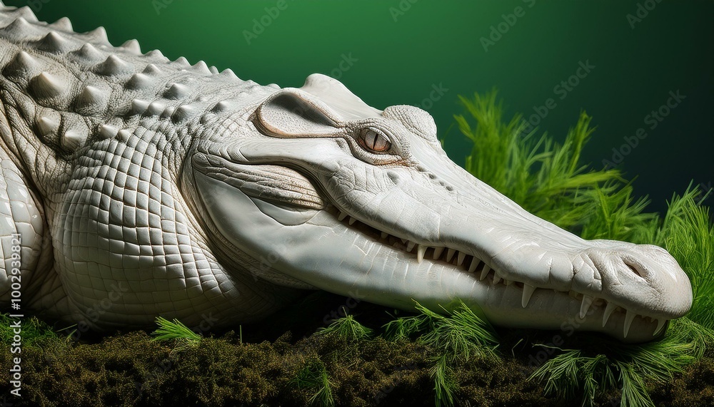 Obraz premium The full body of a crocodile pushing up through a thick grassy surface, with dirt and roots