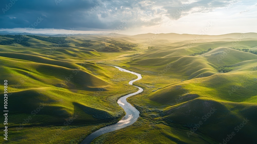 The landscape features rolling green hills gently illuminated by the soft light of the setting sun, while a winding river gracefully flows through the verdant scenery The landscape features rolling green hills gently illuminated by the soft light of the setting sun, while a winding river gracefully flows through the verdant scenery