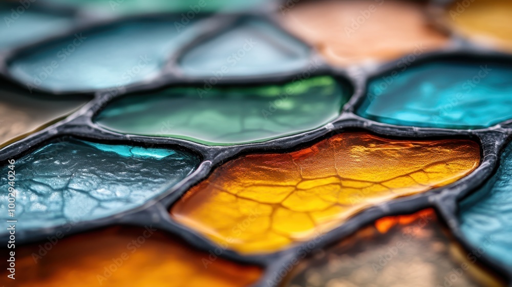 Φωτογραφία This close-up of stained glass showcases a dynamic grid of vibrant blues, greens, and ambers, highlighting the detailed craftsmanship and artistic creativity involved