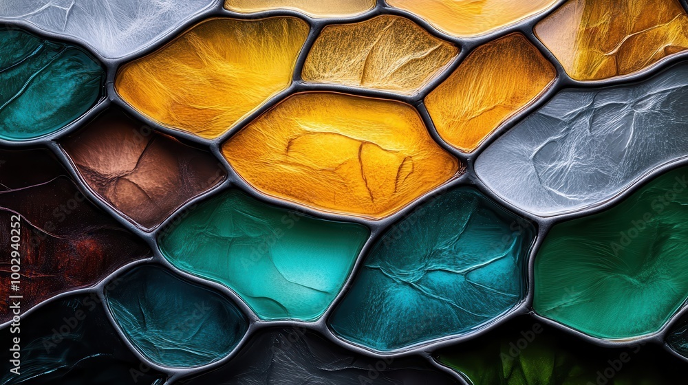 Φωτογραφία A striking display of geometric stained glass, featuring panels in shades of blue, green, yellow, and brown, blending modern artistry with timeless elegance