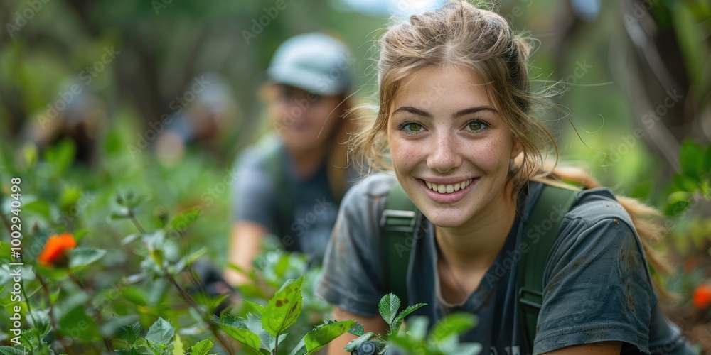 Close-up of a smiling young woman with blonde hair and green eyes working in a garden while wearing a t-shirt in a bright, outdoor setting Close-up of a smiling young woman with blonde hair and green eyes working in a garden while wearing a t-shirt in a bright, outdoor setting