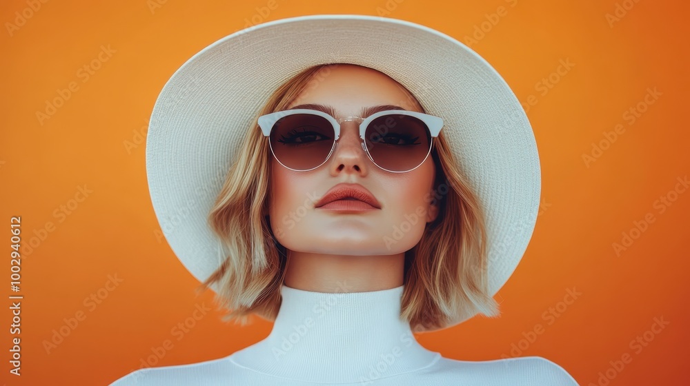 A confident woman in a white hat and sunglasses poses against a striking orange background, highlighting the dynamic interplay of color and modern fashion aesthetics. A confident woman in a white hat and sunglasses poses against a striking orange background, highlighting the dynamic interplay of color and modern fashion aesthetics.