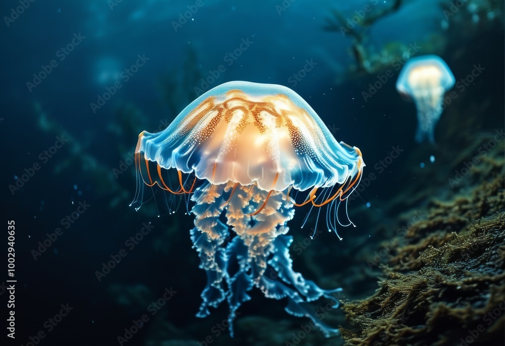 glowing jellyfish floating serenely in the ocean depths glowing jellyfish floating serenely in the ocean depths