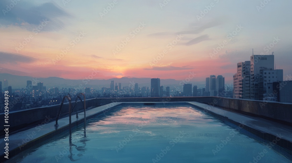 Fototapeta premium A rooftop infinity pool overlooking a cityscape at sunset.