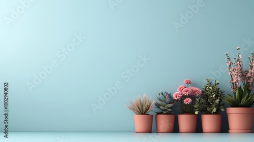 A simple and minimalist arrangement of various potted plants displayed against a calming aqua wall, perfect for stylish and elegant home decor inspiration. photo