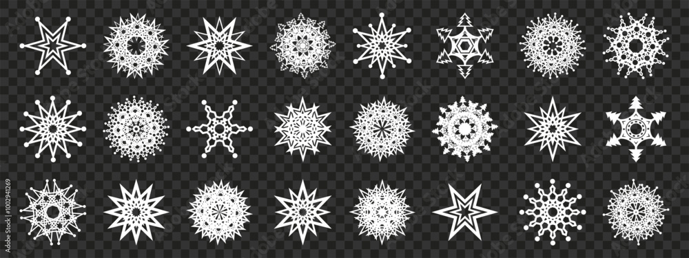 Set of different white snowflakes falling on dark background, for christmas or winter themed designs Set of different white snowflakes falling on dark background, for christmas or winter themed designs