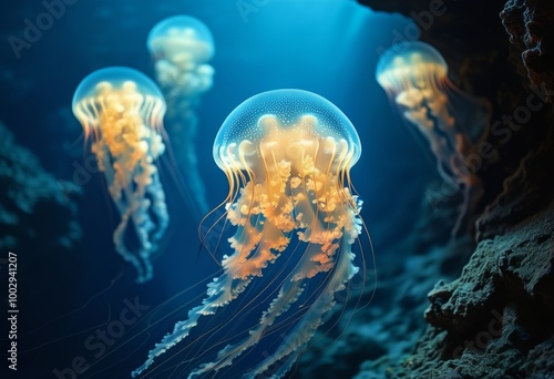 glowing jellyfish floating serenely in the ocean depths