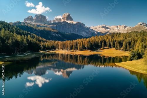 Aerial view of Lago Antorno with surrounding forest