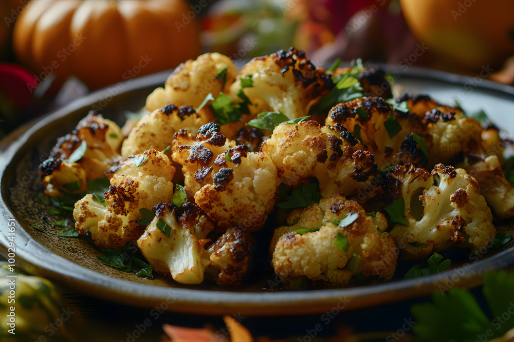 Smoky Roasted Cauliflower Florets in Fall Setting Smoky Roasted Cauliflower Florets in Fall Setting
