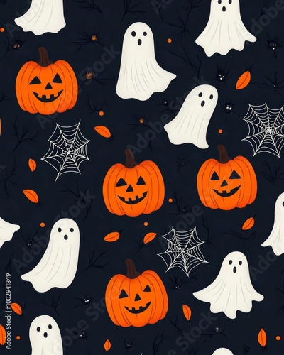 A festive Halloween pattern featuring pumpkins, ghosts, and spider webs.