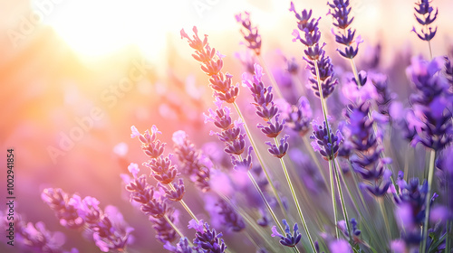 Close up lavender flowers in beautiful field at sunset. Lavender Fields. Illustration