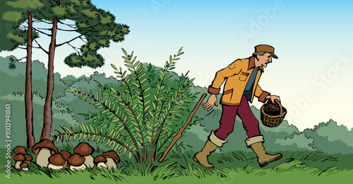 Vector drawing. Man picking mushrooms in the forest
