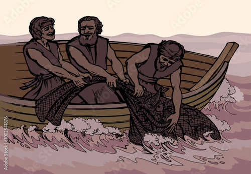 Vector drawing. Three men in the boat