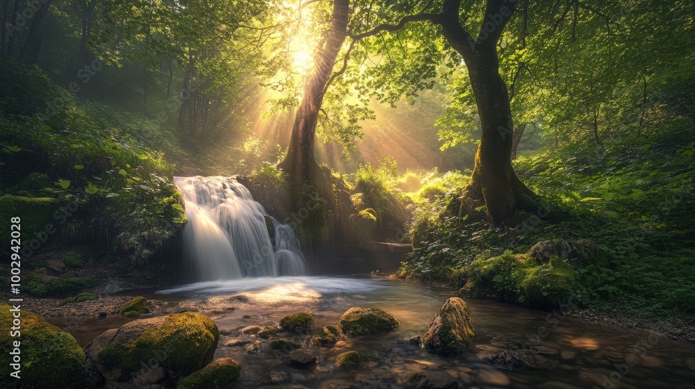 In a tranquil forest, sunlight streams down as it illuminates a waterfall flowing over smooth rocks. The vibrant greenery creates a peaceful atmosphere In a tranquil forest, sunlight streams down as it illuminates a waterfall flowing over smooth rocks. The vibrant greenery creates a peaceful atmosphere