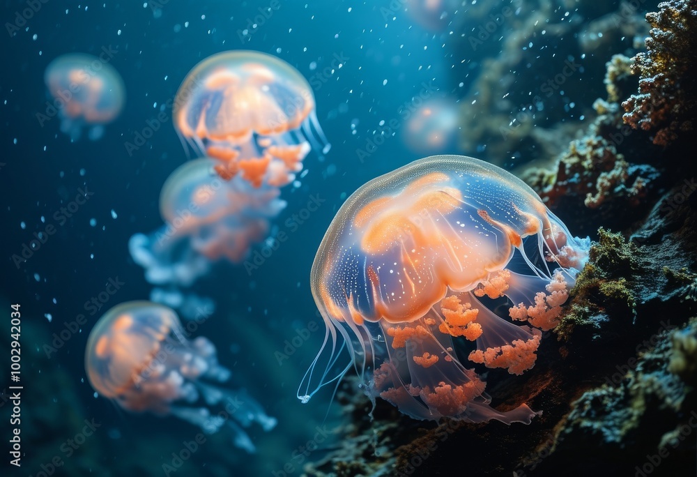 glowing jellyfish floating serenely in the ocean depths glowing jellyfish floating serenely in the ocean depths
