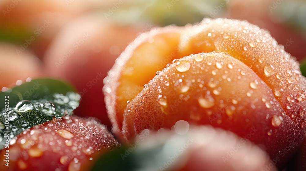 Close-up of fresh fruit covered in dew droplets, capturing its vibrant colors, textures, and freshness, creating an enticing visual appeal for viewers. Close-up of fresh fruit covered in dew droplets, capturing its vibrant colors, textures, and freshness, creating an enticing visual appeal for viewers.