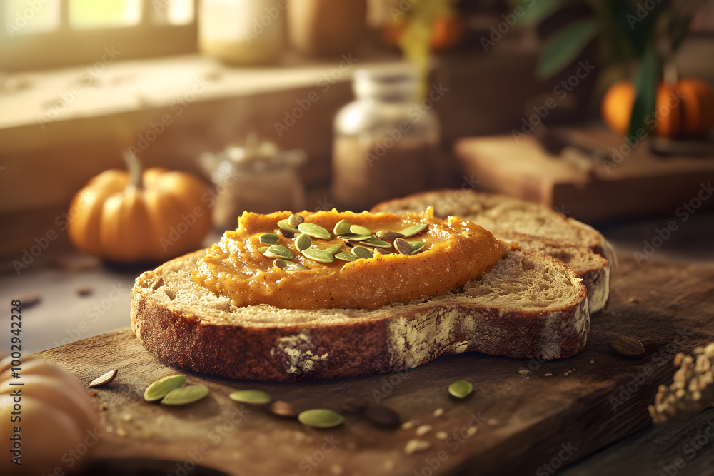 Bread on top with pumpkin butter on bread Bread on top with pumpkin butter on bread