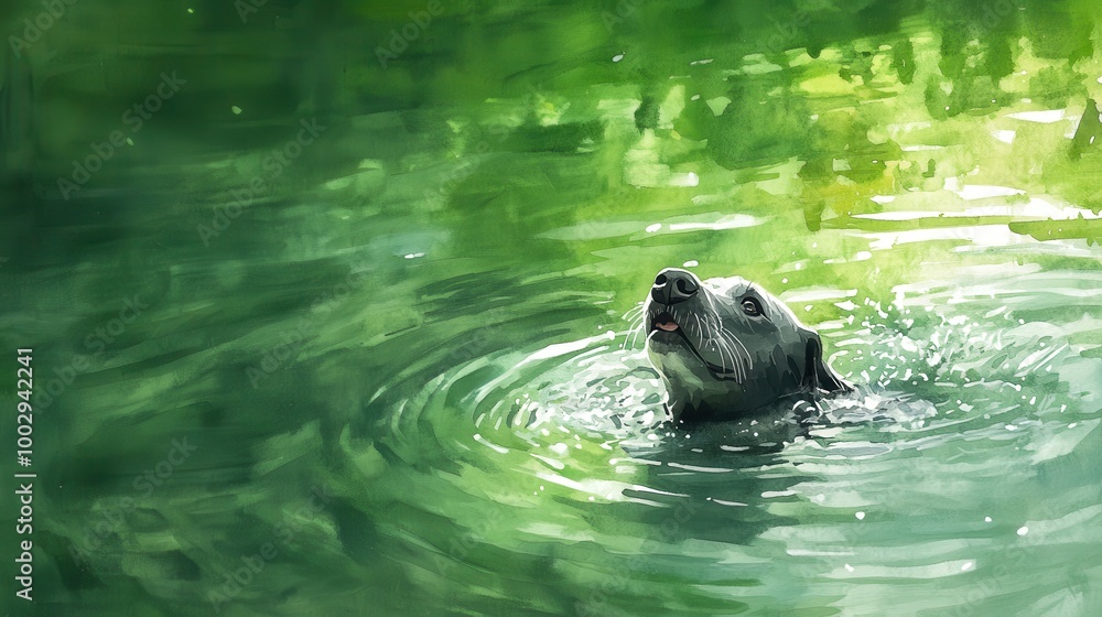 Obraz premium Joyful Dog Swimming in Tranquil Watercolor Scene