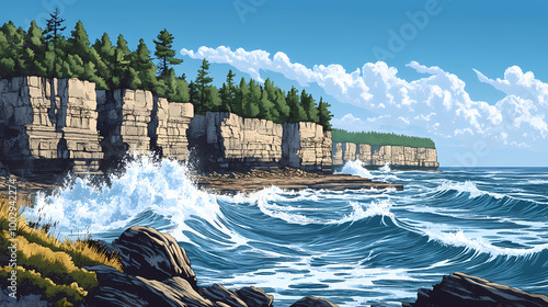 Coastal cliffs at cave point, with waves crashing dramatically against the rocky shore and a clear blue sky above. Rocky Shore. Illustration photo