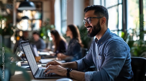 Man Working on Laptop in Modern Office Space