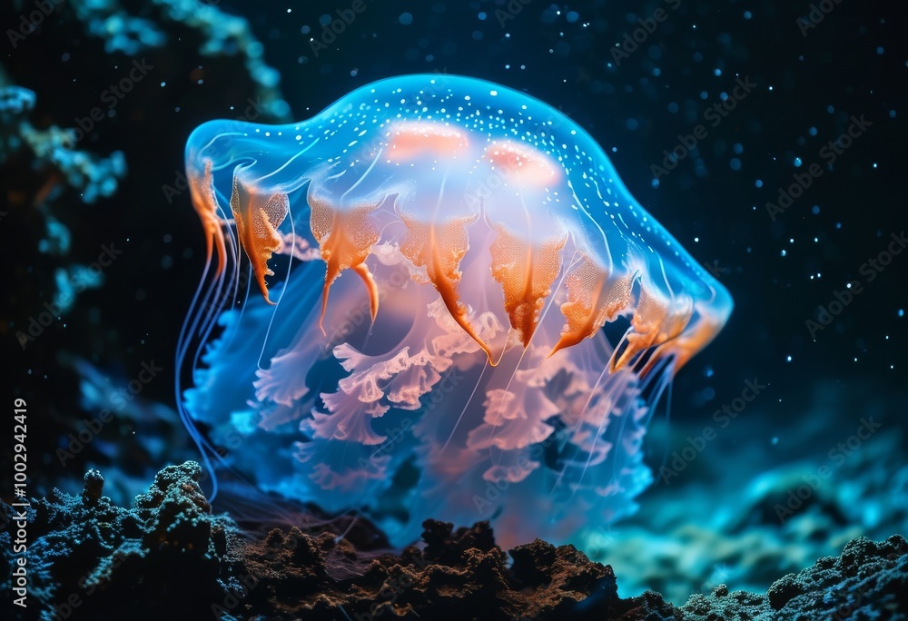 Naklejka premium Graceful Jellyfish Illuminating the Mysterious Underwater World