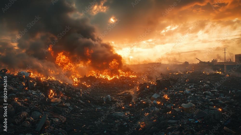 Flames Engulfing Garbage Dump at Sunset Flames Engulfing Garbage Dump at Sunset