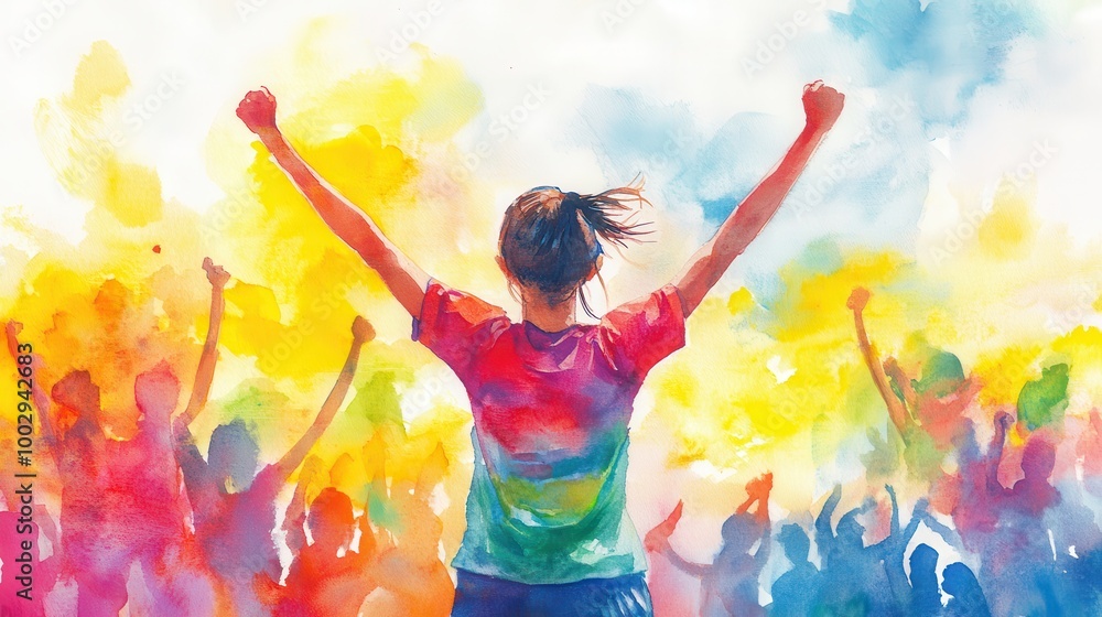 Fototapeta premium Young Athlete Celebrating in Vibrant Watercolor Style