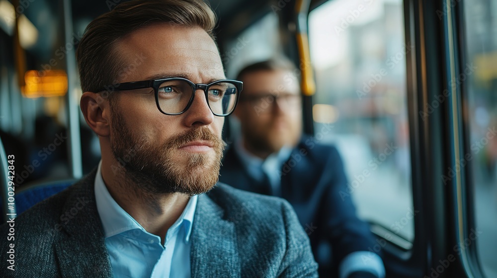 Thoughtful Man on Public Transport in City Setting Thoughtful Man on Public Transport in City Setting