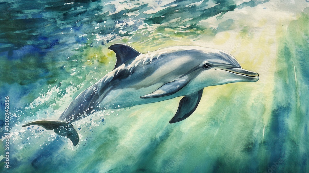 Obraz premium Graceful Dolphin Swimming in Watercolor Art