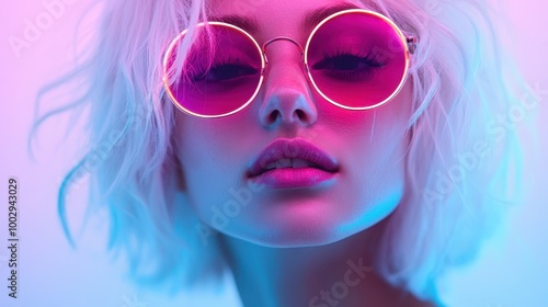 A striking portrait features a woman wearing vibrant pink sunglasses against a colorful background, highlighting a bold and fashion-forward aesthetic expression.