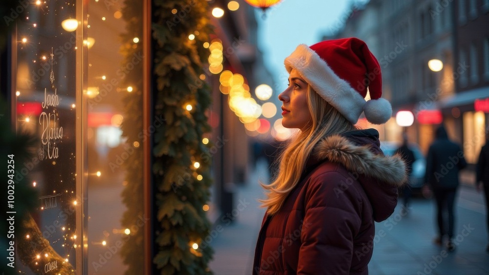 Photo of a beautiful girl wearing a Santa Claus hat looking into a store window decorated for Christmas and New Year Photo of a beautiful girl wearing a Santa Claus hat looking into a store window decorated for Christmas and New Year