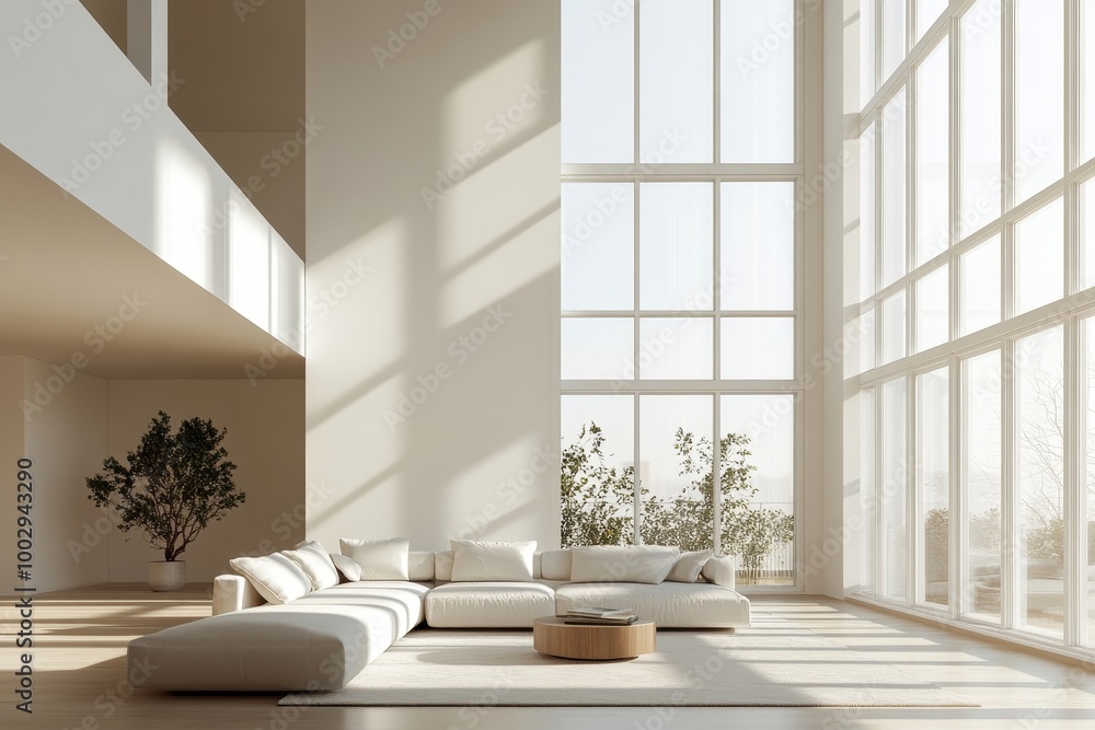 Illustration of modern light apartment with big windows , Generative AI Illustration of modern light apartment with big windows , Generative AI