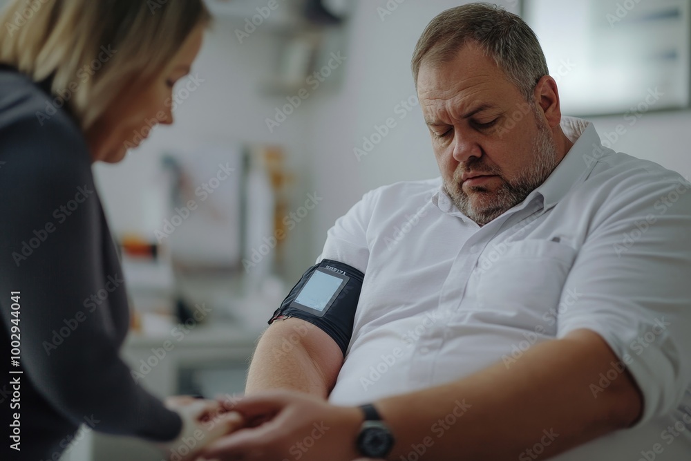 Doctor applying a continuous glucose monitor sensor on patient's arm. Obese, overweight man is at risk of developing type 2 diabetes. Concept of health risks of overwight and, Generative AI Doctor applying a continuous glucose monitor sensor on patient's arm. Obese, overweight man is at risk of developing type 2 diabetes. Concept of health risks of overwight and, Generative AI
