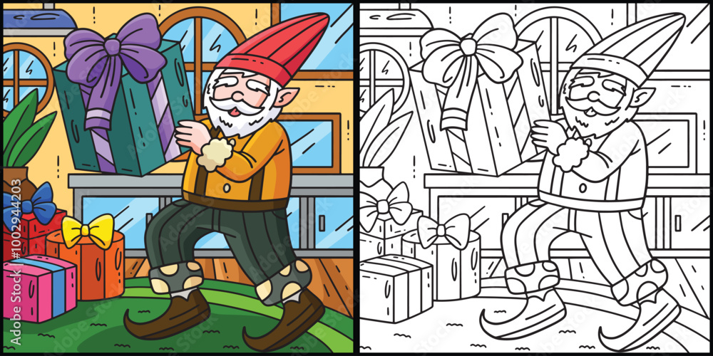 Gnome with Present Coloring Page Illustration Gnome with Present Coloring Page Illustration