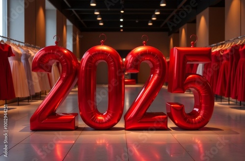 Christmas Red thin big numbers 2025 in a showroom or clothing store, a symbol of a New Year's sale or a new collection