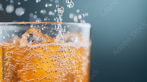Macro shot of a bubbling orange beverage in a glass with ice, emphasizing the fizzy texture and refreshing taste for a thirst-quenching experience.
