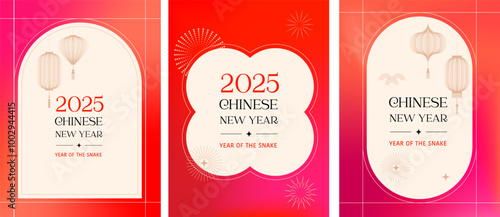 Chinese new year 2025 year of the Snake. Vertical abstract cards, banners. Red traditional Chinese vector designs with lanterns. Lunar new year concept, linear abstract modern design