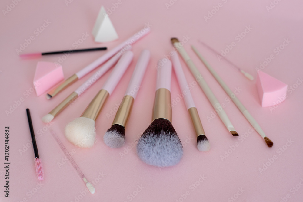 Flat lay composition with professional makeup brushes. Make-up artist kit Flat lay composition with professional makeup brushes. Make-up artist kit