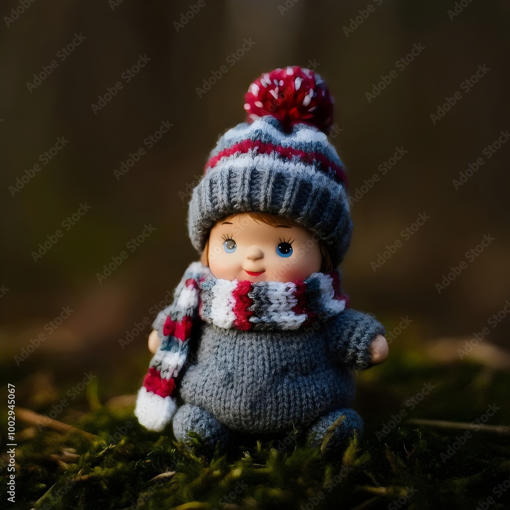 Funny figurine of a doll on the grass, dressed in a knitted hat with a bubo and a scarf Funny figurine of a doll on the grass, dressed in a knitted hat with a bubo and a scarf