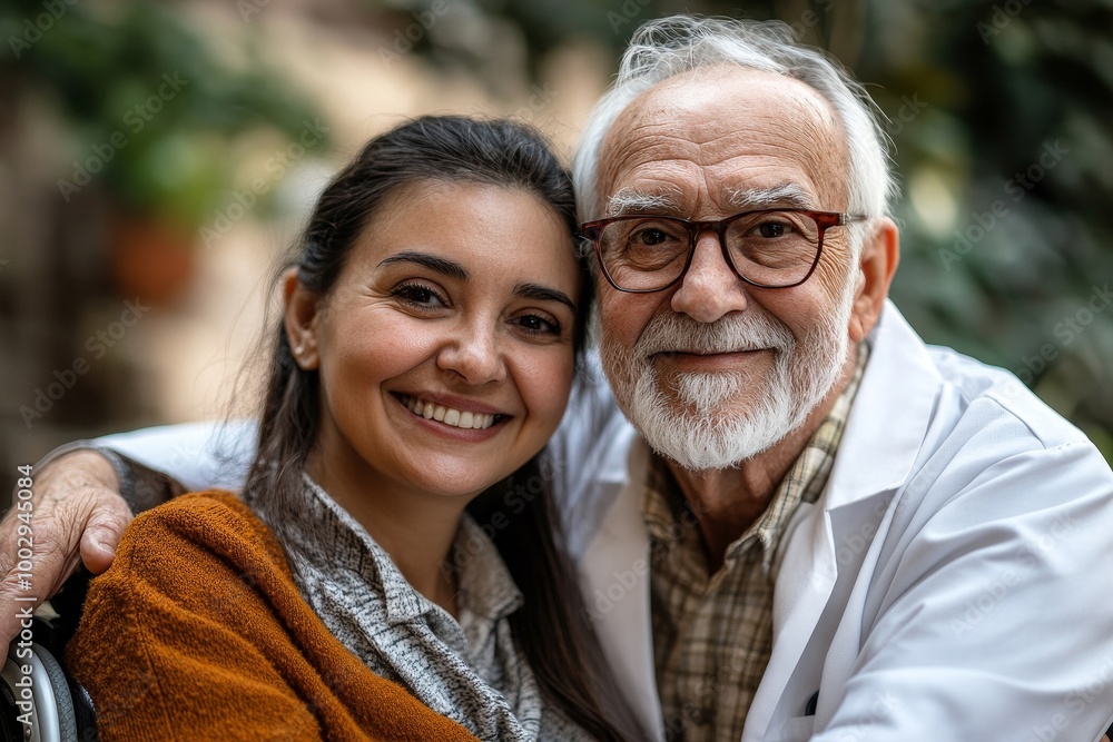 Portrait of nurse and her senior client on wheelchair, Generative AI Portrait of nurse and her senior client on wheelchair, Generative AI
