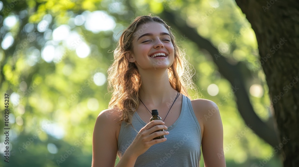 Young Woman in Casual Yoga Clothes Smiling Outdoors Young Woman in Casual Yoga Clothes Smiling Outdoors
