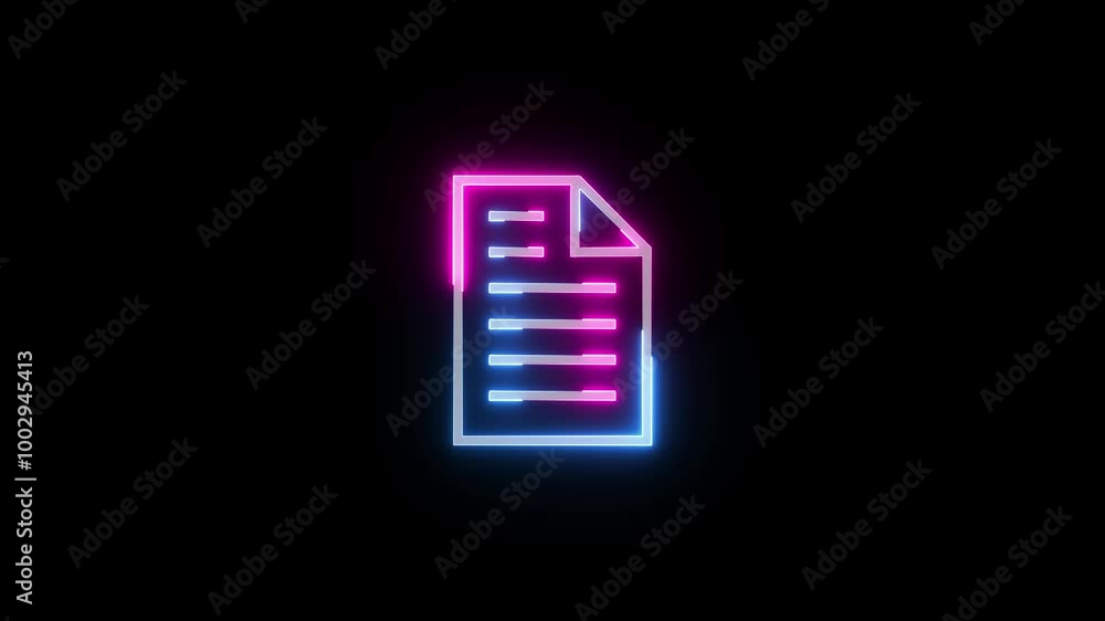 Neon document file icon glowing animated black background Neon document file icon glowing animated black background