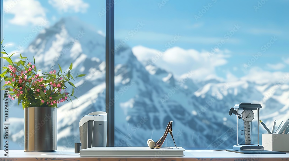 Fototapeta premium Beautiful stapler and otoscope in a calm office with a view of the mountains