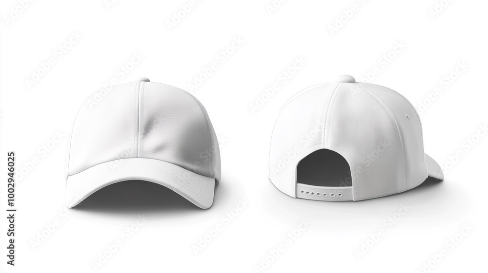 Fototapeta premium front and back view of white baseball cap on a white background. - Mock-up template for design presentation.