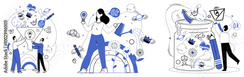 Corporate strategy vector illustration. Solution-driven aspirations fuel engine propelling organizations towards horizon innovation Development is garden where seeds strategic efficiency blossom