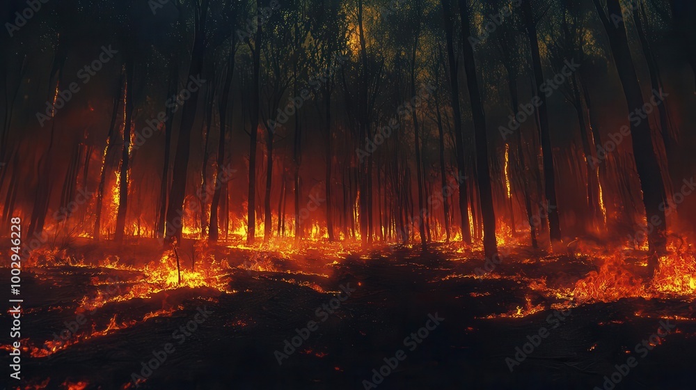 A dramatic landscape of a forest engulfed in flames, showcasing the intensity of wildfire and its impact on nature. A dramatic landscape of a forest engulfed in flames, showcasing the intensity of wildfire and its impact on nature.
